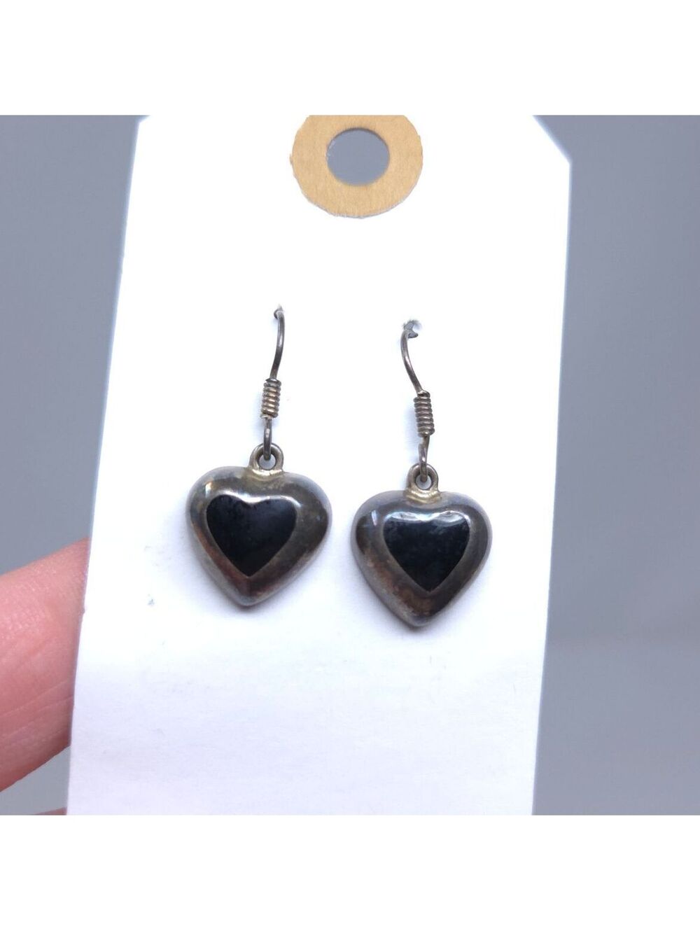 Mexican Taxco Sterling Silver Heart Charm Earrings with Black Onyx Inlay Vintage